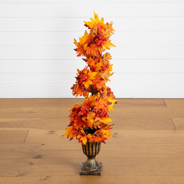 3' Autumn Maple Artificial Fall Spiral Tree with Berries in Decorative Urn