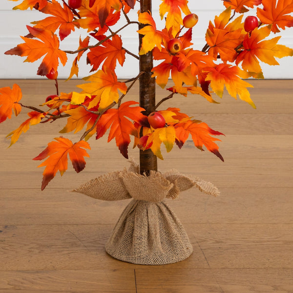 3' Autumn Maple Artificial Fall Tree with Berries in Burlap Wrapped Base
