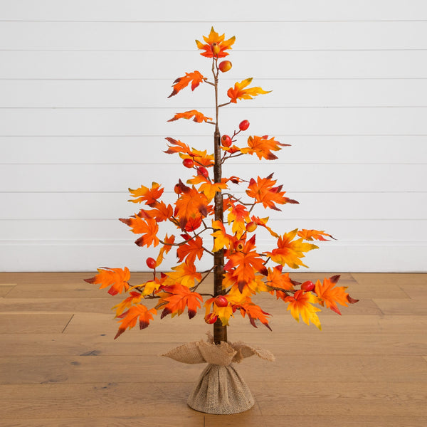 3' Autumn Maple Artificial Fall Tree with Berries in Burlap Wrapped Base