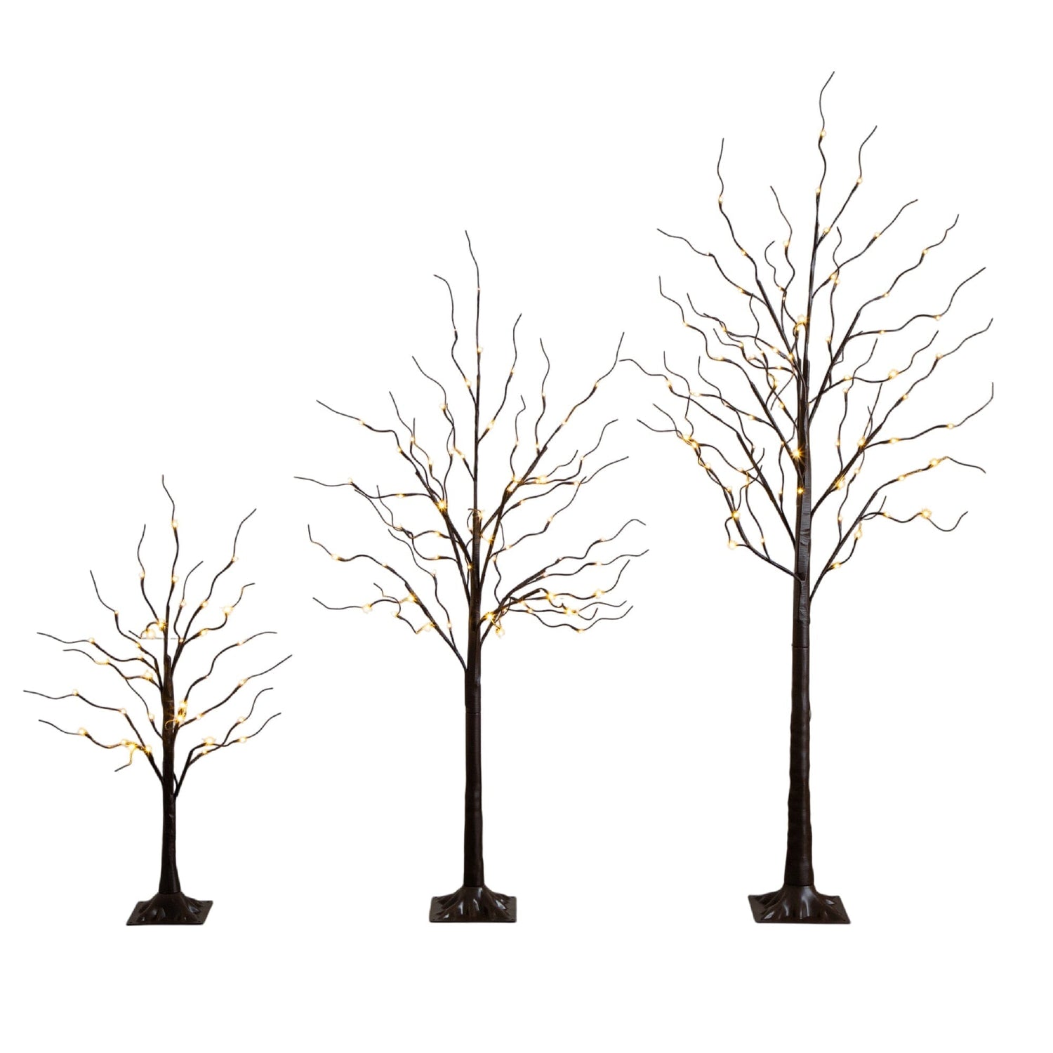 3' 5' 6' Artificial Brown Birch Trees with Warm White LED Lights - Set of 3