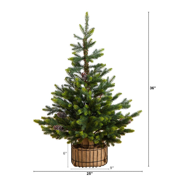 3' Artificial Balsam Fir Christmas Tree with Pine Cones in Jute Wire Planter