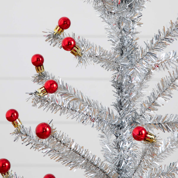 3' Artificial Retro Silver Tinsel  Christmas Tree with 45 Red Mini Ornament Balls and Wooden Base