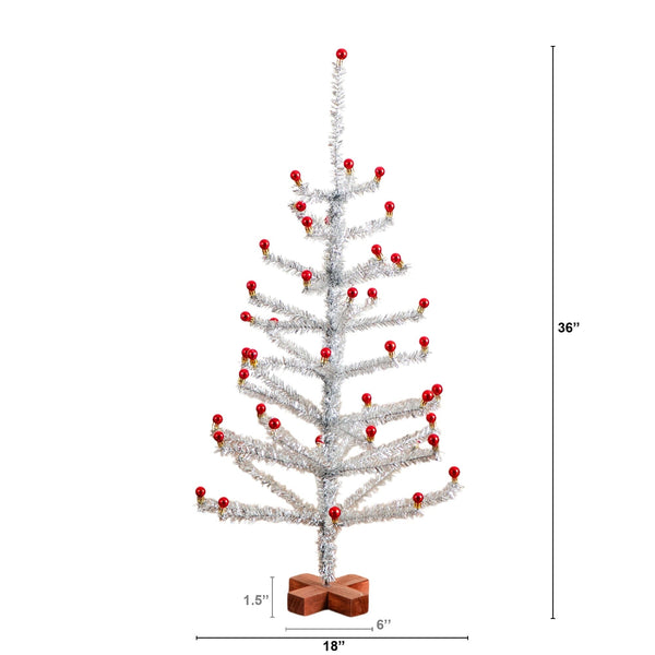 3' Artificial Retro Silver Tinsel  Christmas Tree with 45 Red Mini Ornament Balls and Wooden Base