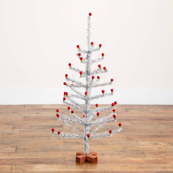 3' Artificial Retro Silver Tinsel  Christmas Tree with 45 Red Mini Ornament Balls and Wooden Base