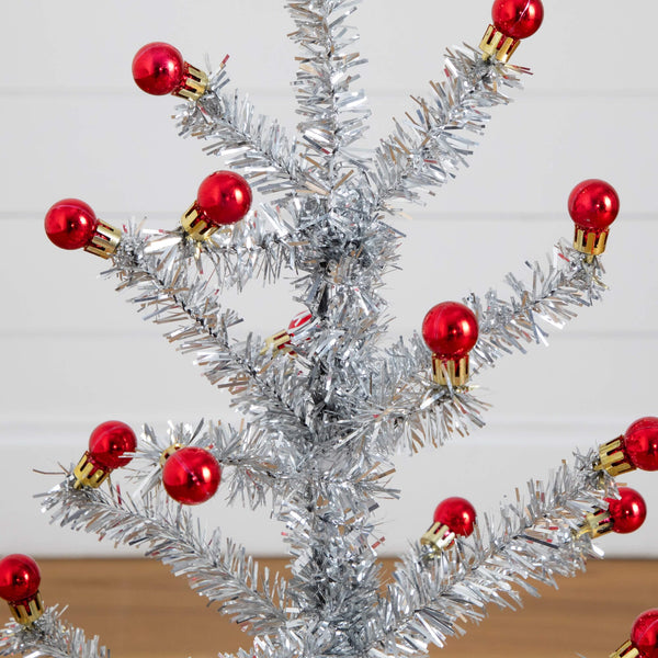 3' Artificial Retro Silver Tinsel  Christmas Tree with 45 Red Mini Ornament Balls and Wooden Base