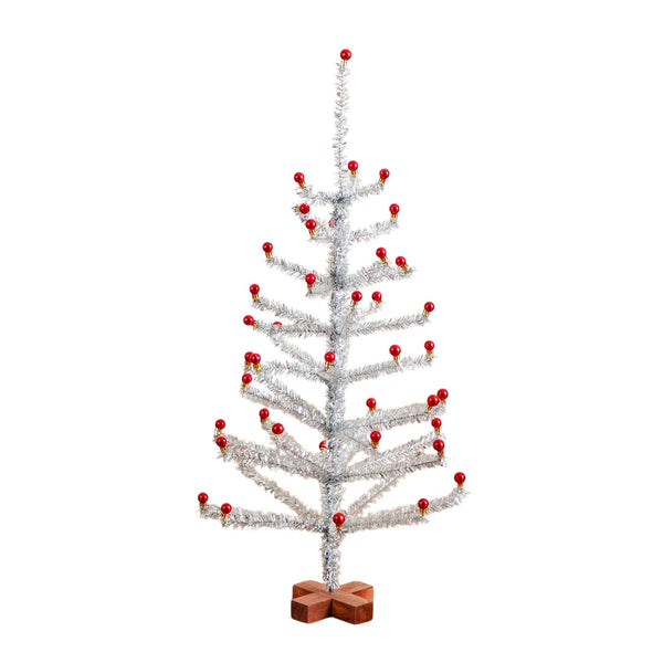 3' Artificial Retro Silver Tinsel  Christmas Tree with 45 Red Mini Ornament Balls and Wooden Base