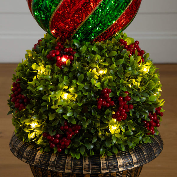 3' Pre-Lit Artificial Christmas Ornament Boxwood Topiary Tree with 70 Warm White LED Lights