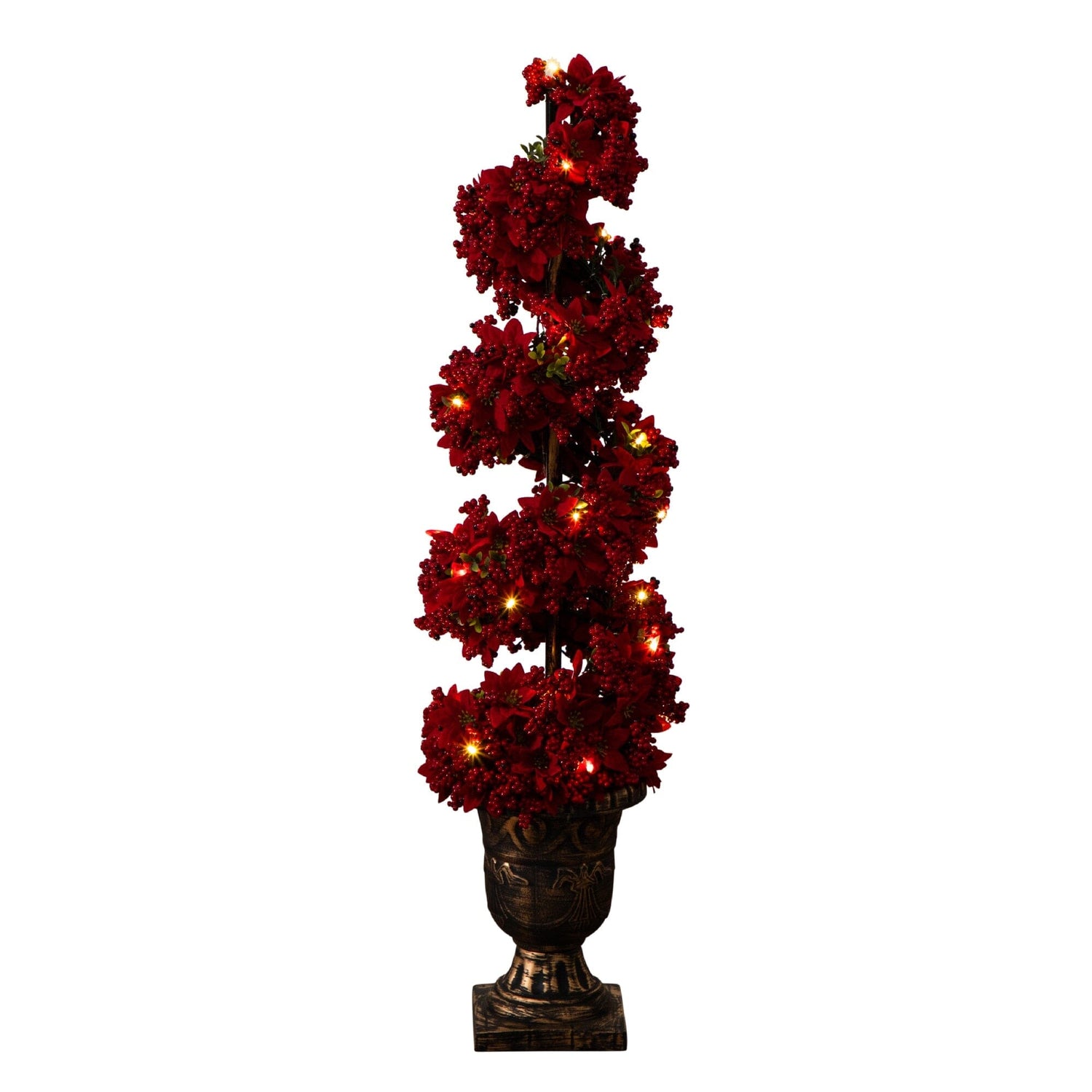 3' Pre-Lit Artificial Christmas Poinsettias and Berries Spiral Topiary Tree with 30 Warm White LED Lights