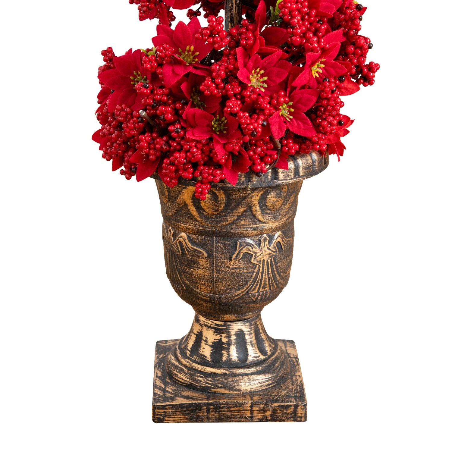 3' Pre-Lit Artificial Christmas Poinsettias and Berries Spiral Topiary Tree with 30 Warm White LED Lights