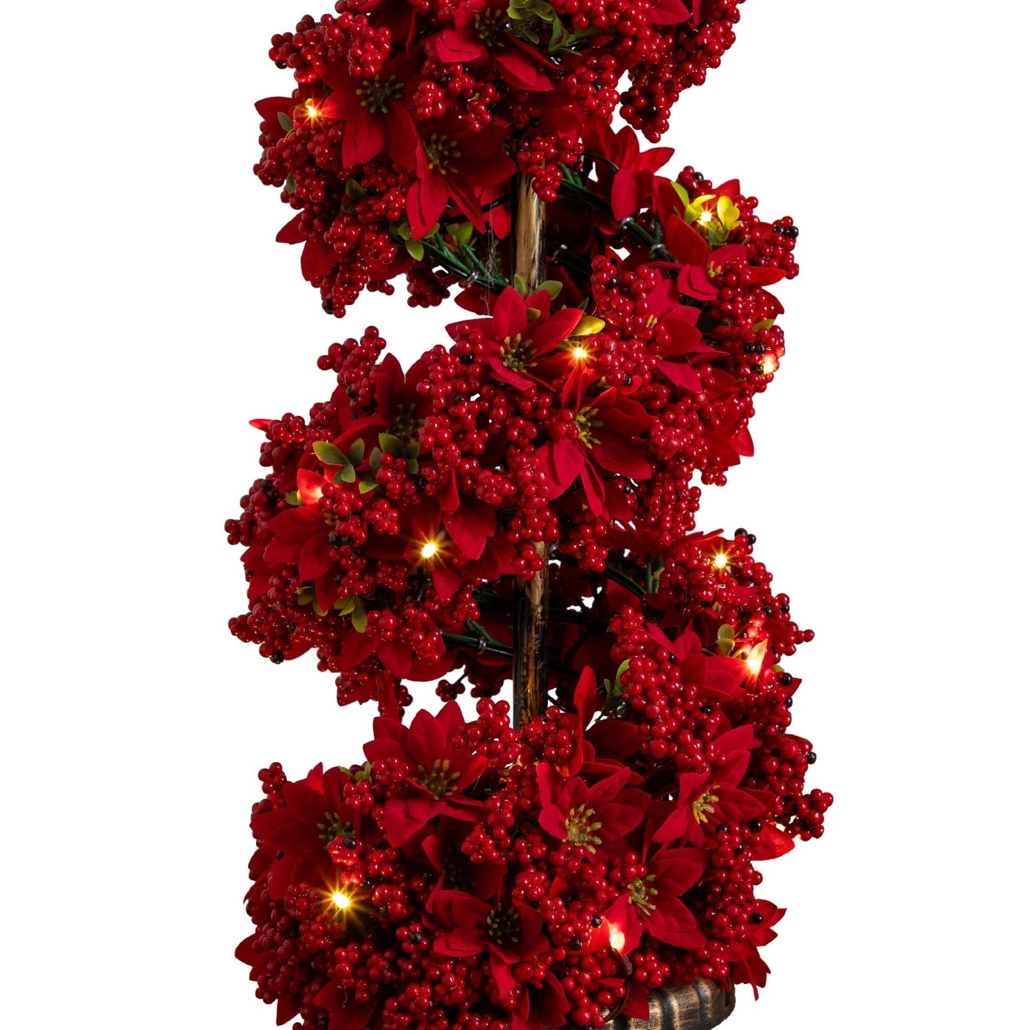 3' Pre-Lit Artificial Christmas Poinsettias and Berries Spiral Topiary Tree with 30 Warm White LED Lights
