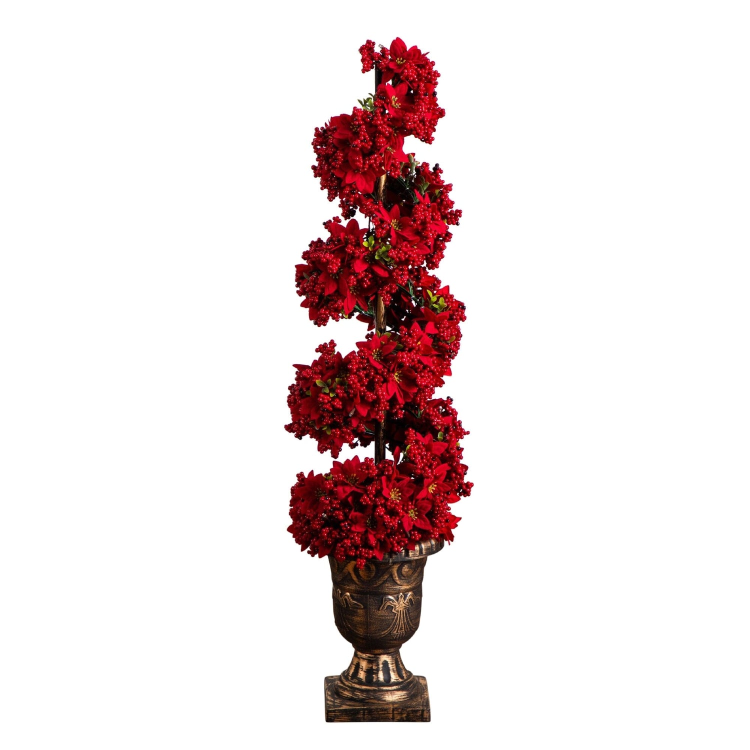 3' Pre-Lit Artificial Christmas Poinsettias and Berries Spiral Topiary Tree with 30 Warm White LED Lights