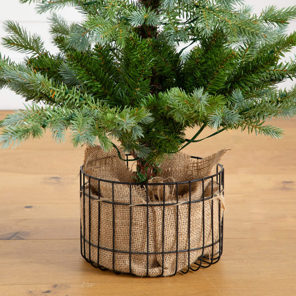 3' Pre-Lit Artificial Christmas Tree in Jute Wire Planter with 30 Warm White LED Lights
