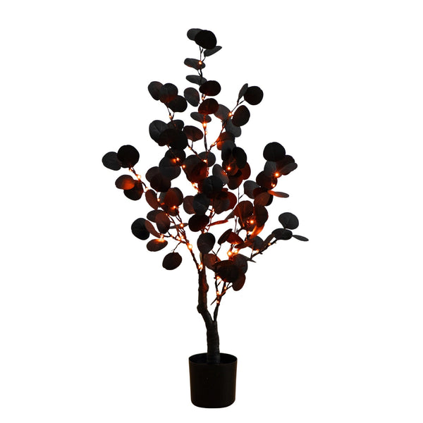 3' Pre-Lit Artificial Halloween Black Eucalyptus Tree with 80 Orange & Purple LED Lights
