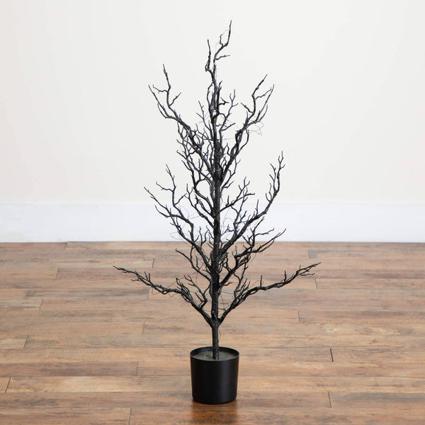 3' Pre-Lit Artificial Halloween Black Spooky Twig Tree with 100 Orange & Purple Copper Wire String LED Lights