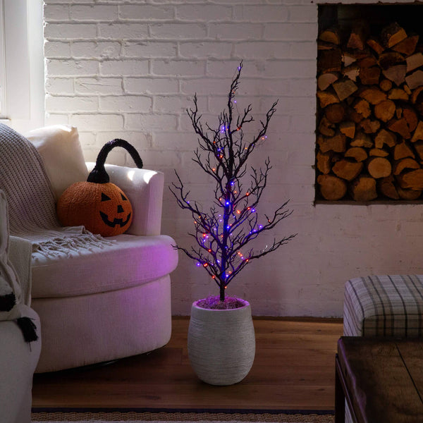 3' Pre-Lit Artificial Halloween Black Spooky Twig Tree with 100 Orange & Purple Copper Wire String LED Lights
