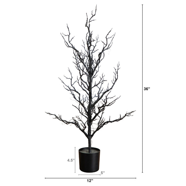 3' Pre-Lit Artificial Halloween Black Spooky Twig Tree with 100 Orange & Purple Copper Wire String LED Lights