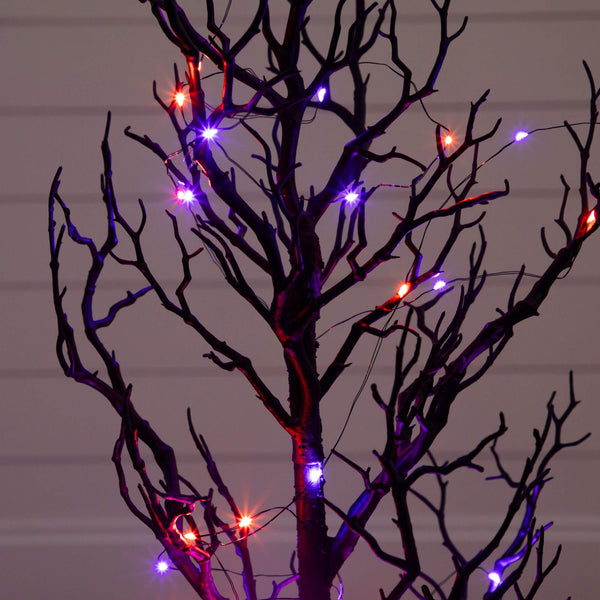 3' Pre-Lit Artificial Halloween Black Spooky Twig Tree with 100 Orange & Purple Copper Wire String LED Lights