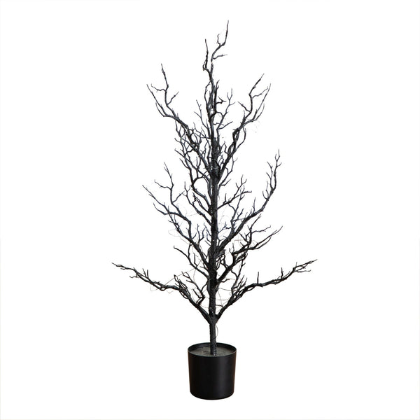 3' Pre-Lit Artificial Halloween Black Spooky Twig Tree with 100 Orange & Purple Copper Wire String LED Lights