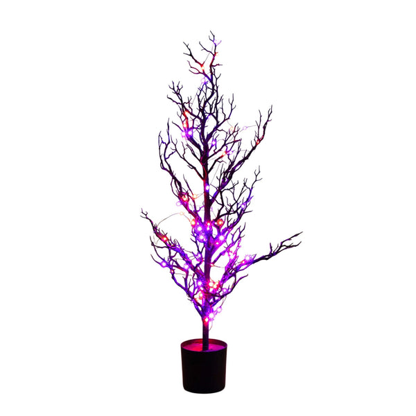 3' Pre-Lit Artificial Halloween Black Spooky Twig Tree with 100 Orange & Purple Copper Wire String LED Lights