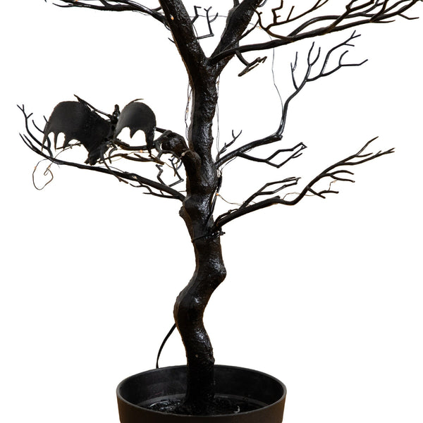 3' Pre-Lit Artificial Halloween Black Spooky Twig Tree with Bats and 100 Orange & Purple LED Lights