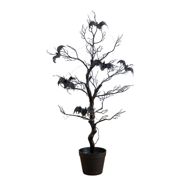 3' Pre-Lit Artificial Halloween Black Spooky Twig Tree with Bats and 100 Orange & Purple LED Lights