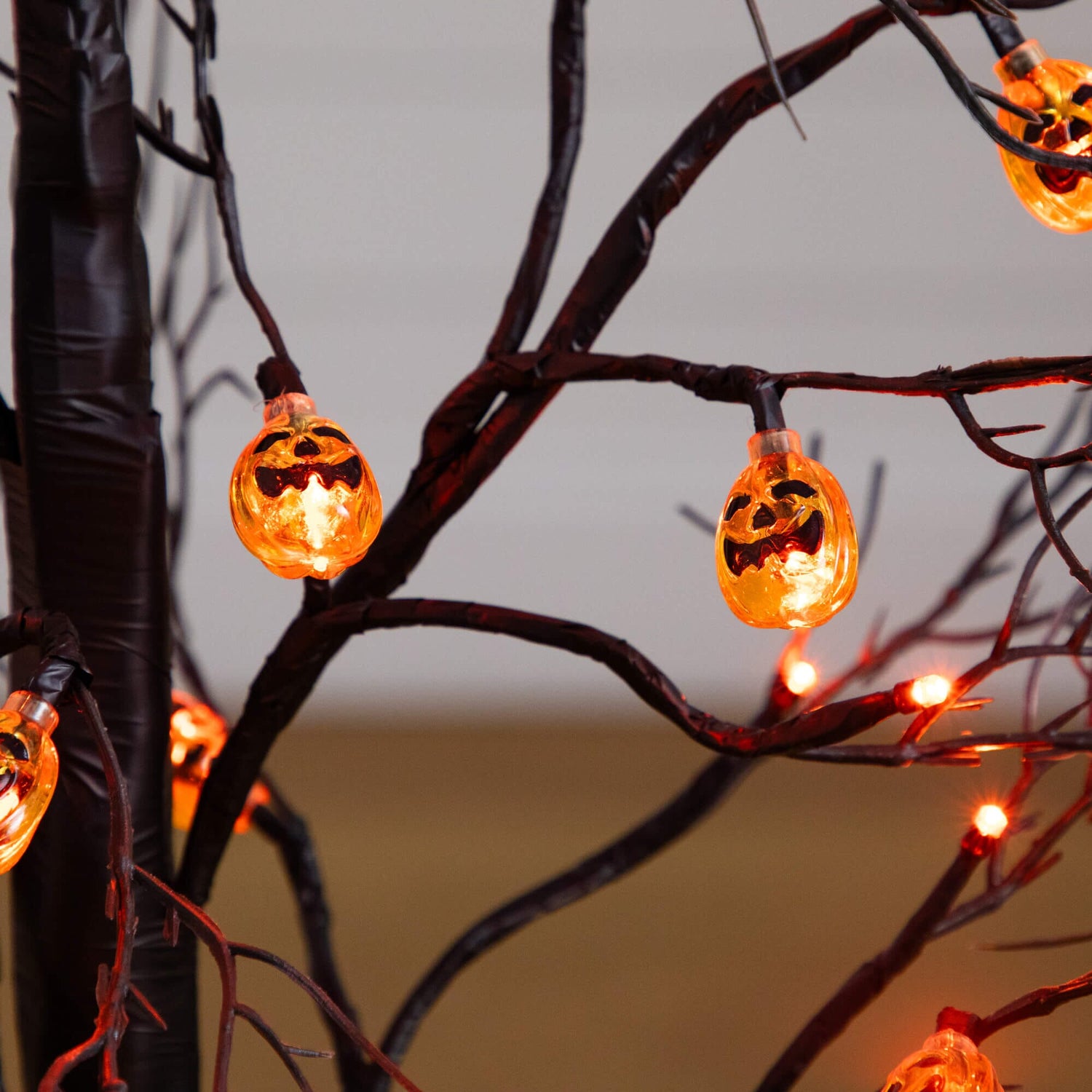 3' Pre-Lit Artificial Halloween Black Twig Tree with 18 Orange LED Pumpkin Shaped Lights