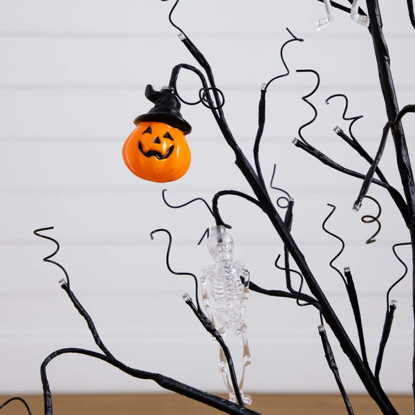 3' Pre-Lit Artificial Halloween Pumpkins and Skulls Ornament Tree with 48 Warm White LED Lights