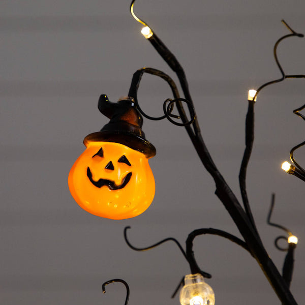 3' Pre-Lit Artificial Halloween Pumpkins and Skulls Ornament Tree with 48 Warm White LED Lights