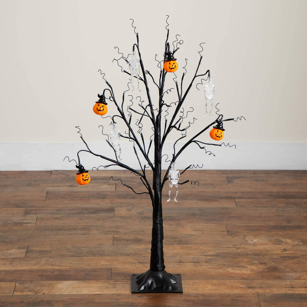 3' Pre-Lit Artificial Halloween Pumpkins and Skulls Ornament Tree with 48 Warm White LED Lights