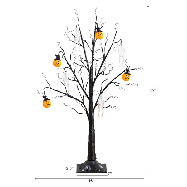 3' Pre-Lit Artificial Halloween Pumpkins and Skulls Ornament Tree with 48 Warm White LED Lights
