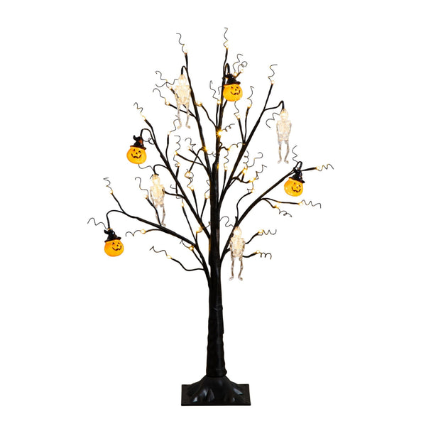 3' Pre-Lit Artificial Halloween Pumpkins and Skulls Ornament Tree with 48 Warm White LED Lights