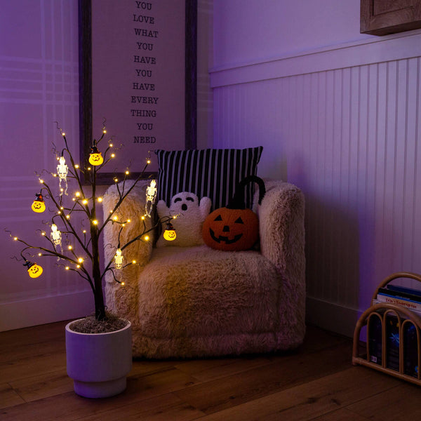 3' Pre-Lit Artificial Halloween Pumpkins and Skulls Ornament Tree with 48 Warm White LED Lights
