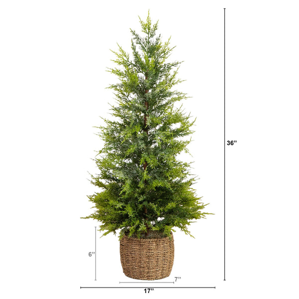 3'  Pre-Lit Artificial Lightly Snowed Cypress Christmas Tree with 38 Warm White LED Lights in Decorative Weaved Basket