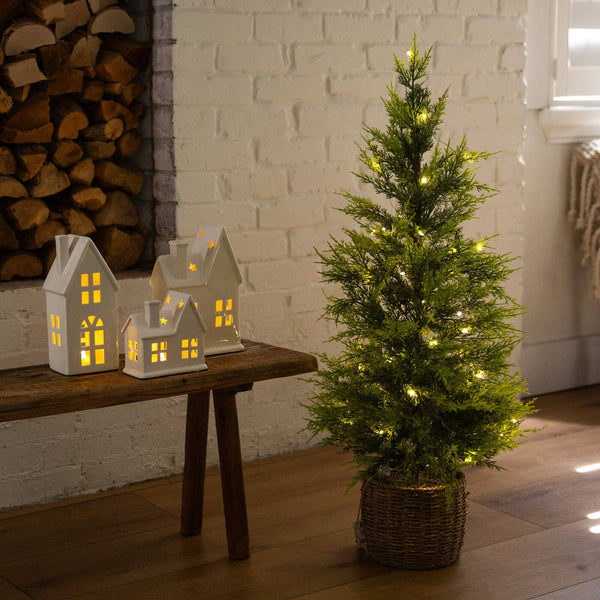 3'  Pre-Lit Artificial Lightly Snowed Cypress Christmas Tree with 38 Warm White LED Lights in Decorative Weaved Basket