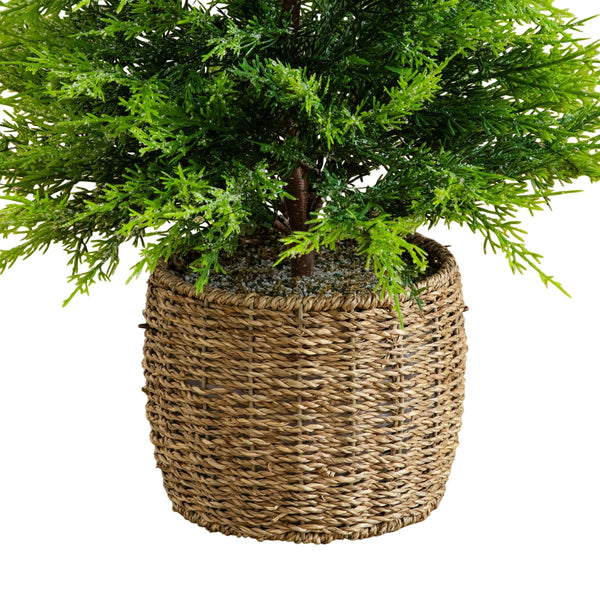 3'  Pre-Lit Artificial Lightly Snowed Cypress Christmas Tree with 38 Warm White LED Lights in Decorative Weaved Basket