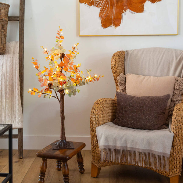 3' Pre-Lit Autumn Eucalyptus Artificial Fall Tree with Pinecones, Berries and 36 Warm White LED Lights