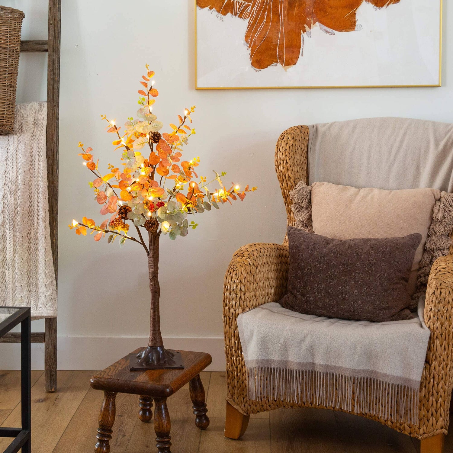 3' Pre-Lit Autumn Eucalyptus Artificial Fall Tree with Pinecones, Berries and 36 Warm White LED Lights