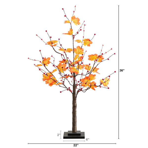3' Pre-Lit Autumn Maple Artificial Fall Tree with Berries and 36 Warm White LED Lights