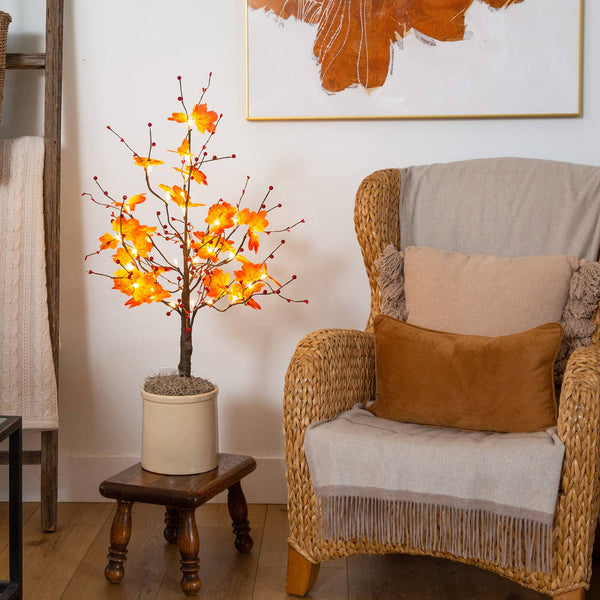 3' Pre-Lit Autumn Maple Artificial Fall Tree with Berries and 36 Warm White LED Lights