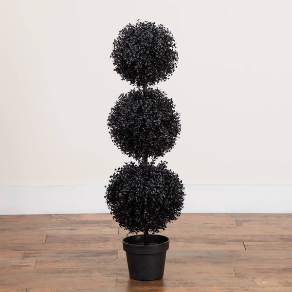 3' Pre-Lit UV Resistant Halloween Black Artificial Triple Ball Boxwood Topiary with LED Lights (Indoor/Outdoor)