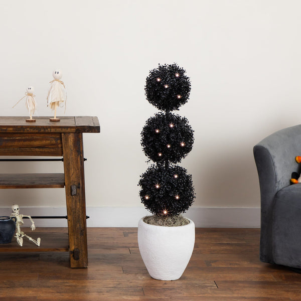 3' Pre-Lit UV Resistant Halloween Black Artificial Triple Ball Boxwood Topiary with LED Lights (Indoor/Outdoor)