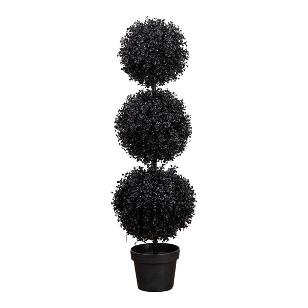 3' Pre-Lit UV Resistant Halloween Black Artificial Triple Ball Boxwood Topiary with LED Lights (Indoor/Outdoor)