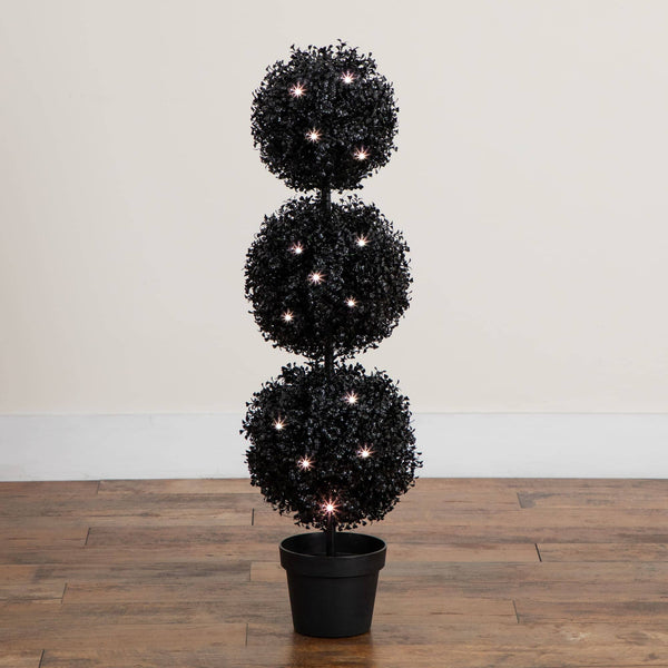 3' Pre-Lit UV Resistant Halloween Black Artificial Triple Ball Boxwood Topiary with LED Lights (Indoor/Outdoor)