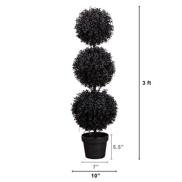 3' Pre-Lit UV Resistant Halloween Black Artificial Triple Ball Boxwood Topiary with LED Lights (Indoor/Outdoor)