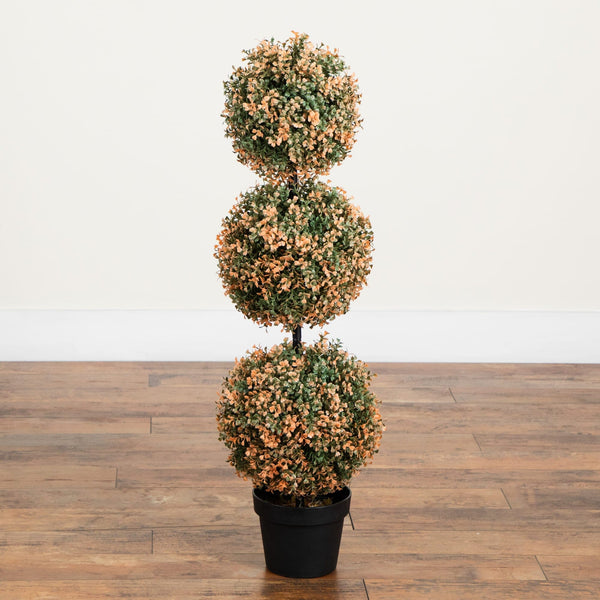 3' UV Resistant Autumn Triple Ball Boxwood Artificial Fall Topiary Tree with 30 Warm White LED Lights (Indoor/Outdoor)