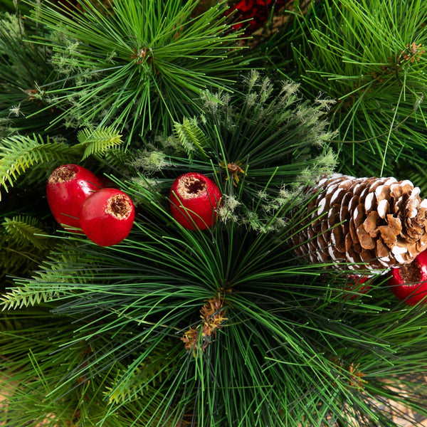 3’ Pre-Lit Artificial Christmas Finial Ornament and Mixed Pine Topiary Tree with Berries & Pinecones and 70 LED Lights in Decorative Urn