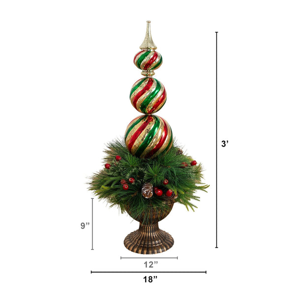 3’ Pre-Lit Artificial Christmas Finial Ornament and Mixed Pine Topiary Tree with Berries & Pinecones and 70 LED Lights in Decorative Urn