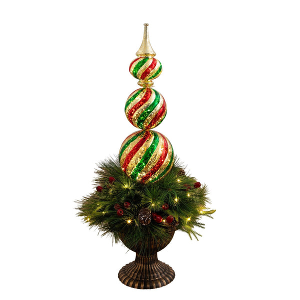 3’ Pre-Lit Artificial Christmas Finial Ornament and Mixed Pine Topiary Tree with Berries & Pinecones and 70 LED Lights in Decorative Urn
