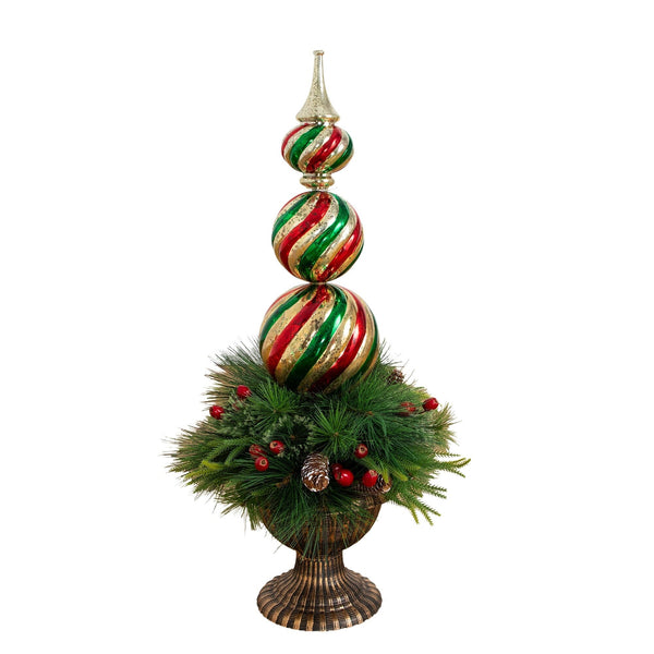 3’ Pre-Lit Artificial Christmas Finial Ornament and Mixed Pine Topiary Tree with Berries & Pinecones and 70 LED Lights in Decorative Urn