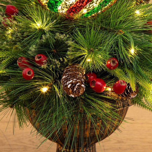 3’ Pre-Lit Artificial Christmas Finial Ornament and Mixed Pine Topiary Tree with Berries & Pinecones and 70 LED Lights in Decorative Urn